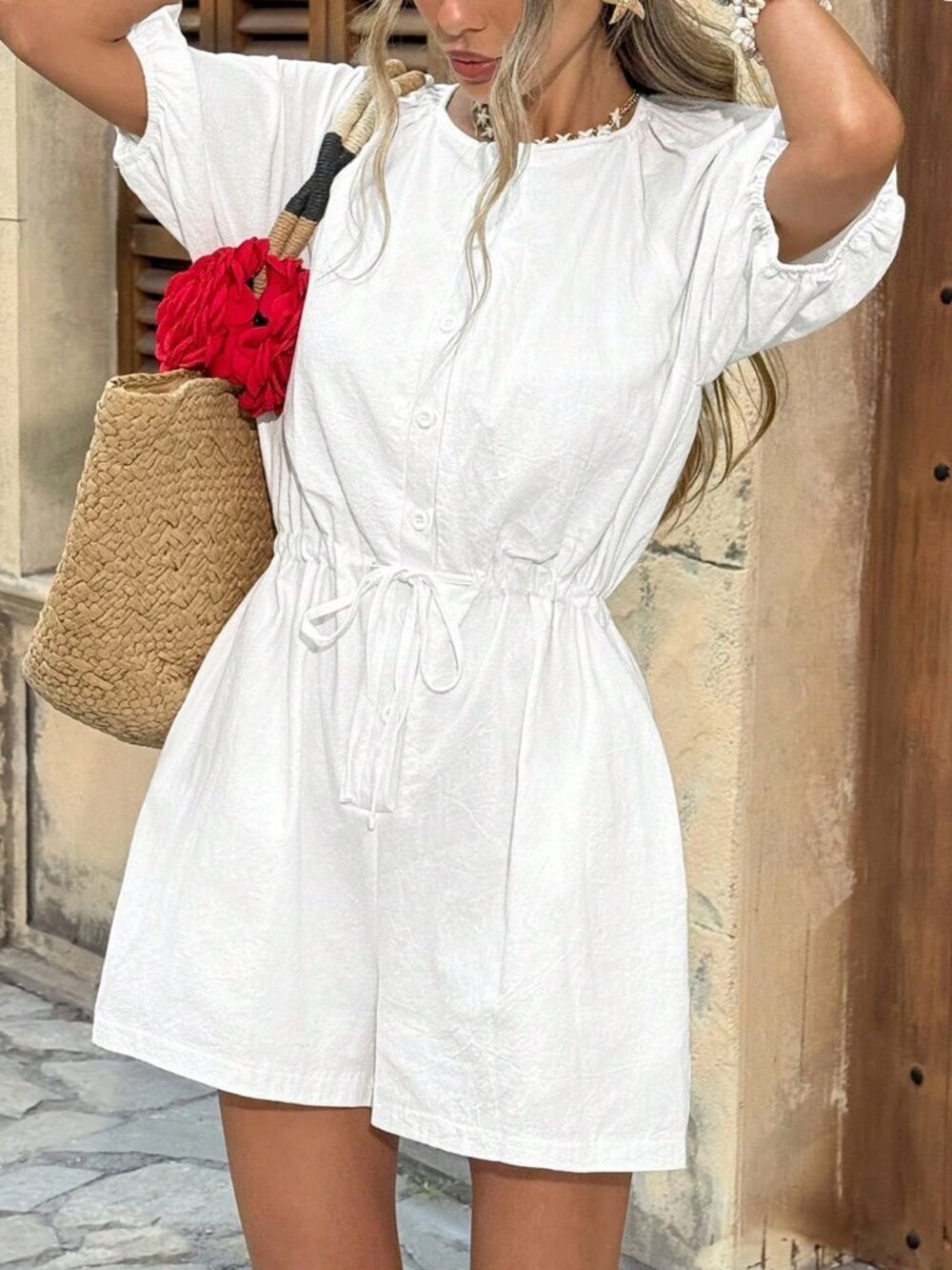 White Casual Women's Romper With Waist Cinching